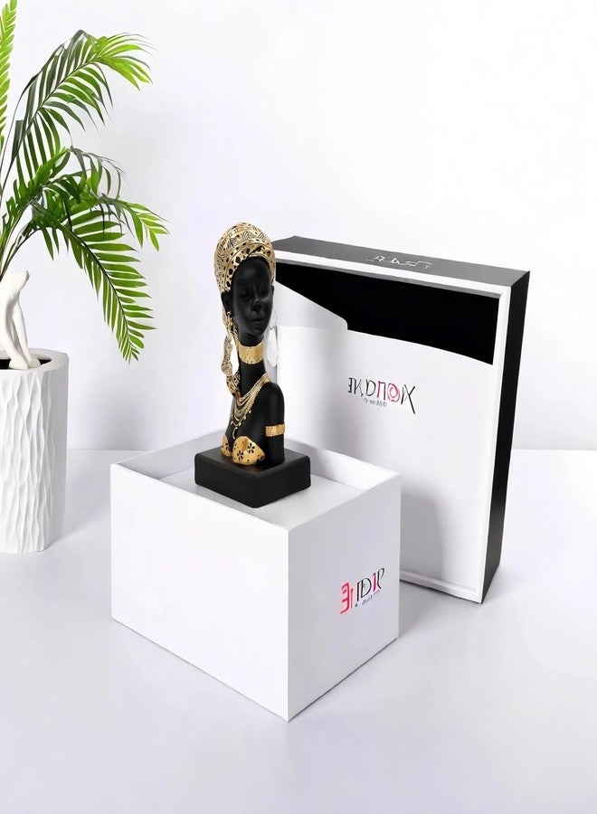 Dwelloria African Woman Resin Bust Sculpture with Crystal Earrings - Tribal Lady Figurine in Gold Headdress for Home Decor, Black and Gold Accent Statue for Shelf, Table, Office, Gift for Women - Image 2